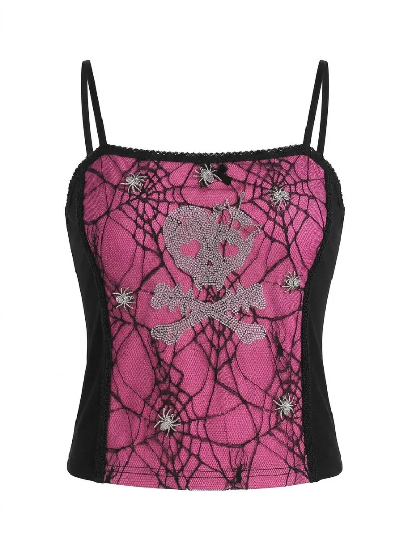 Shoptery Jirai Kei Skull Rhinestone Spider Web Lace Cami Crop Top with halter neckline