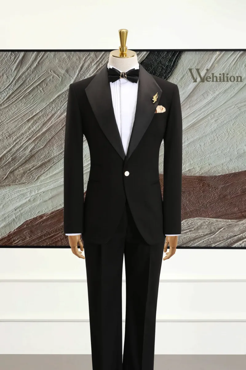 Wehilion Men's Black Big Collar 2 Piece Suits, black suit with satin lapels and big collar
