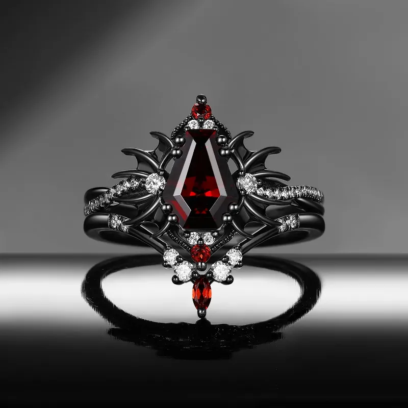 Starlandus Angel in Disguise Gothic Coffin Garnet Infinity Bat Engagement Ring Set in Black Gold