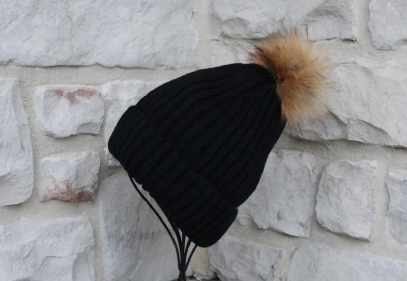 Embellished ribbed beanie in black with removable pom and satin lining
