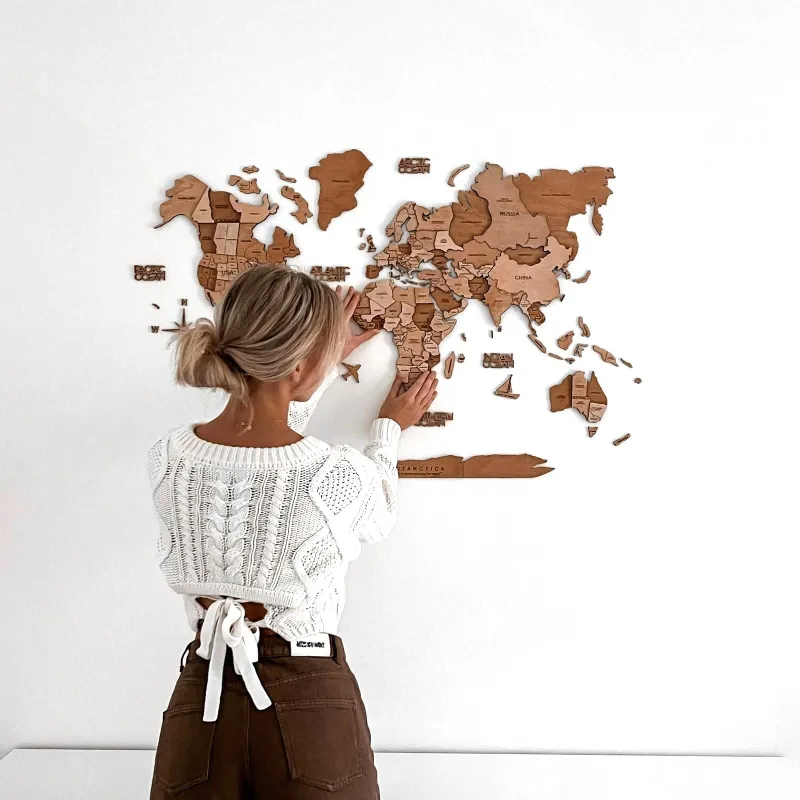 Enjoy The Wood 3D Wooden World Map Oak showing layered wooden continents in natural oak finish