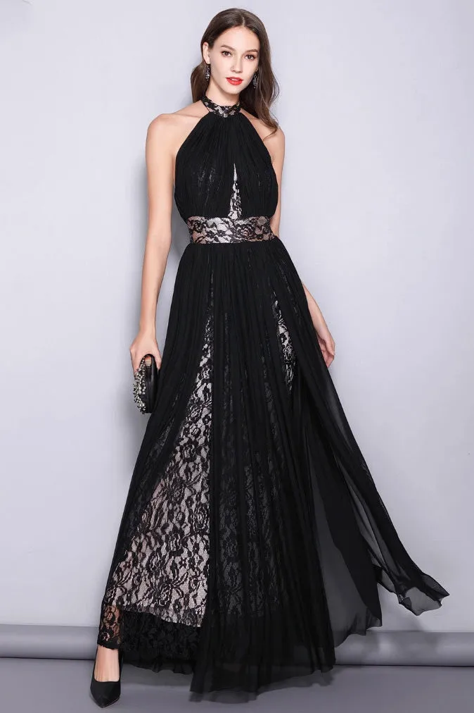 Mislish Black Halter Backless Prom Gown Evening Dress, full-length rear view