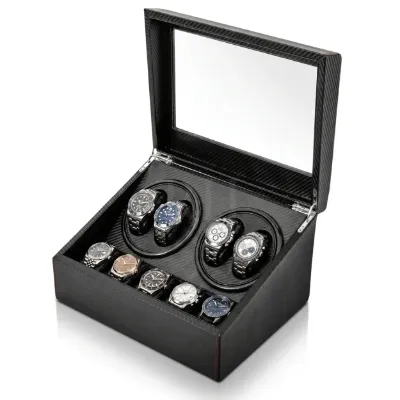 Rotation Horlogère Monaco remontoir 4 montres automatiques silencieux carbone avec 6 rangements, carbon finish watch winder with glass front