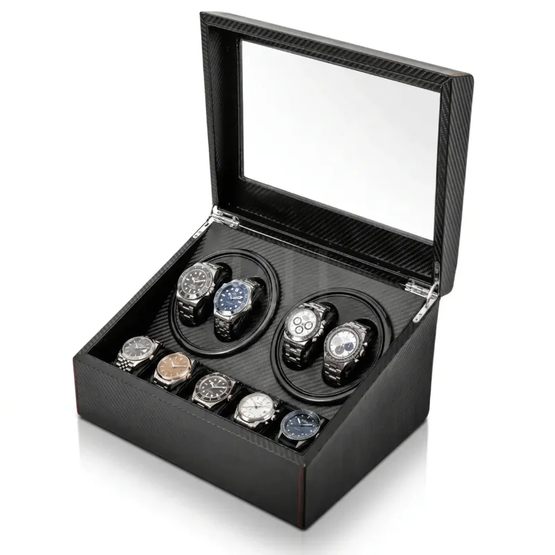 Rotation Horlogère Monaco remontoir 4 montres automatiques silencieux carbone avec 6 rangements, carbon finish watch winder with glass front