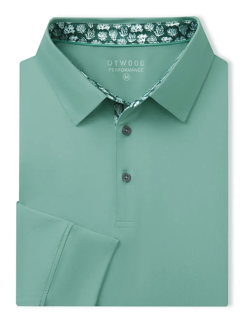 DTWOOO Designed Collared Long Sleeve Golf Polo in beryl green with 4-way stretch