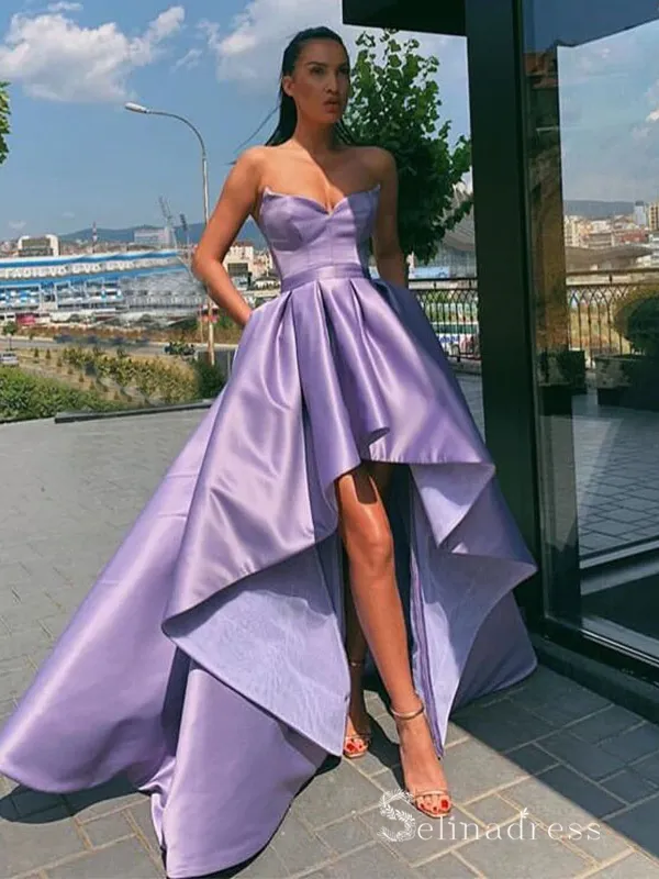 Selinadress A-line Anomalistic Lavender Long Prom Dresses shown in lavender satin