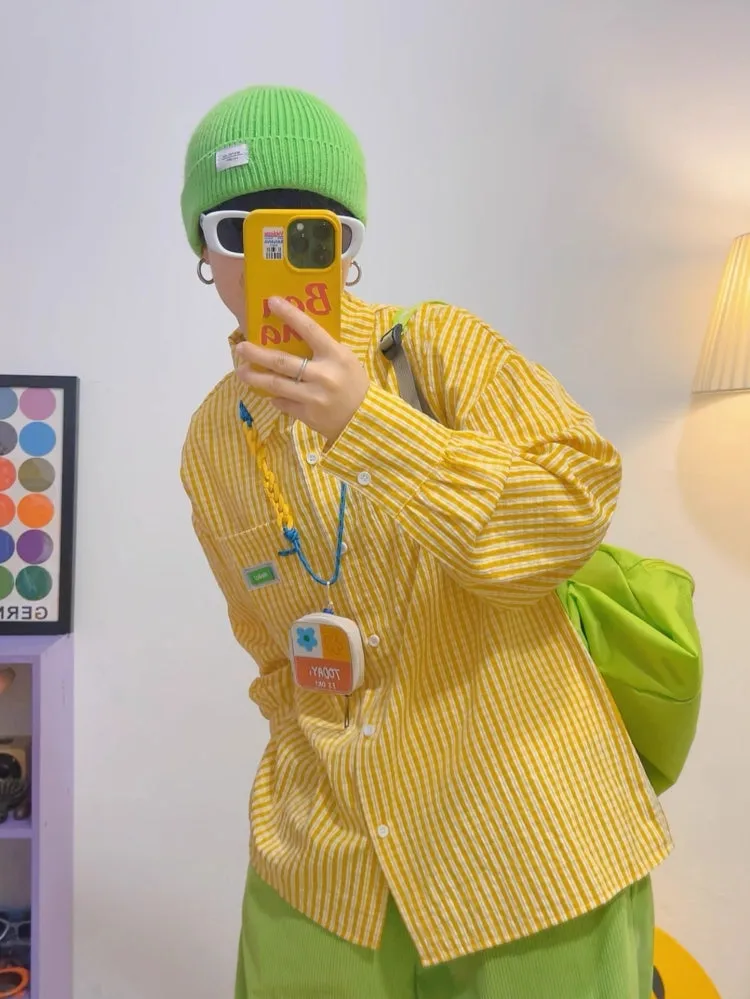 Juwas American Style Yellow Plaid Shirt laid flat showcasing pattern