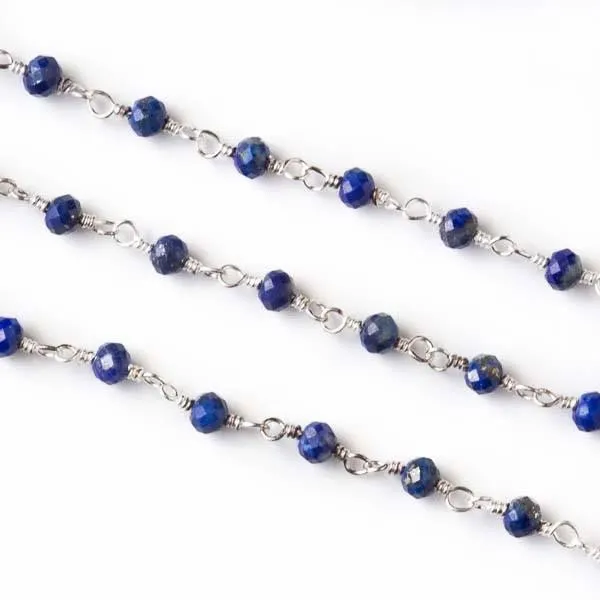 Cherry Tree Beads handmade silver plated brass chain with sapphire faceted rondelle beads, one foot strand