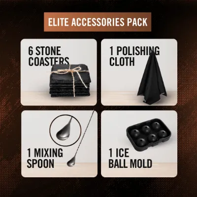 TsukiGlass Elite Accessories Pack with six coasters, mixing spoon, cloth and ice mold