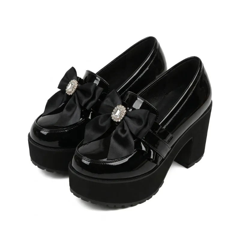 Shoptery Jirai Kei Black Patent Platform Loafers with Satin Bow and Rhinestone buckle at toe