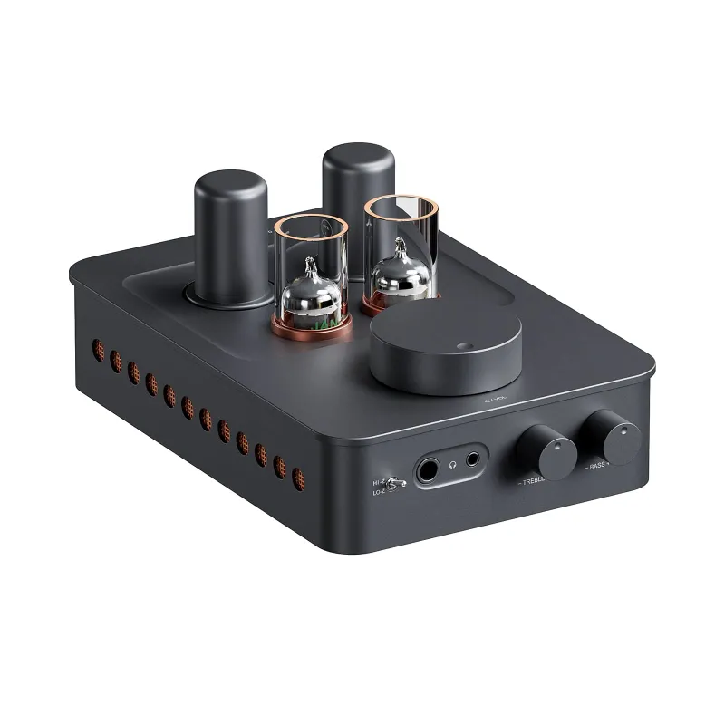 Fosi Audio GR70 Tube Headphone Amp with illuminated vacuum tubes and front volume control knob