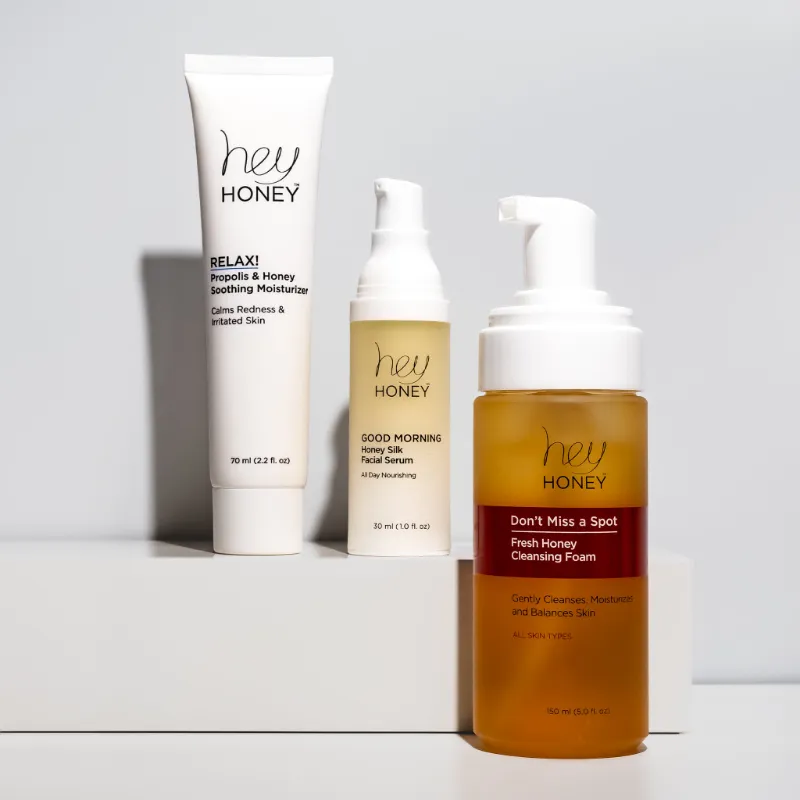 Hey Honey Redness & Sensitivity 3 Step Routine showing cleanser and serum with honey extracts