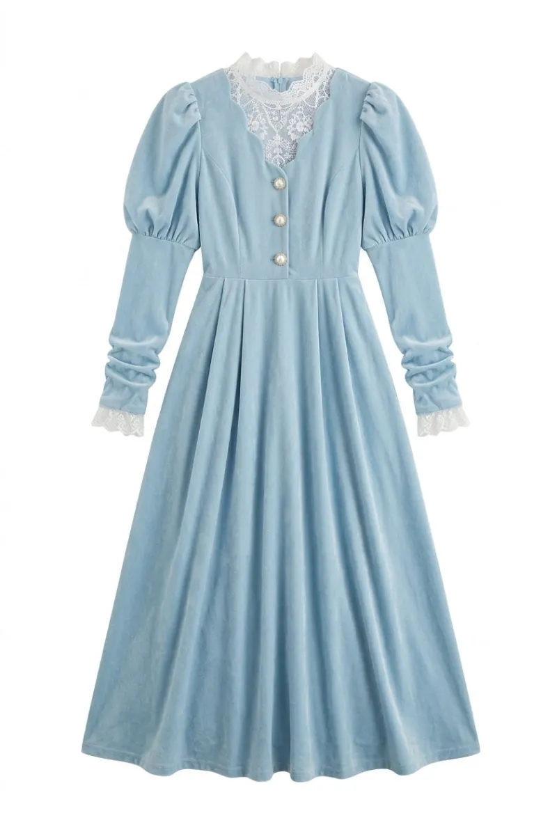Cottagecore Clothes Cottagecore Lace-Trim Midi Dress in powder blue with lace collar