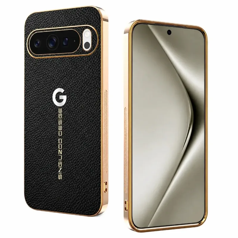 The Pixel Case Luxe Leather Armor Case For Google Pixel showing lychee leather texture and metallic frame