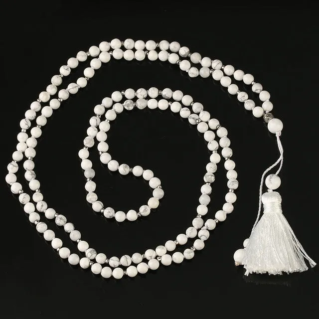Turix Howlite Mala with 4mm beads, white beaded meditation necklace on neutral background