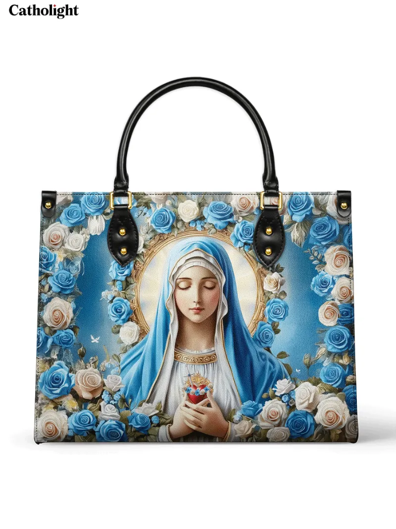 Catholight Heavenly Grace Leather Bag showing Virgin Mary with Sacred Heart and roses
