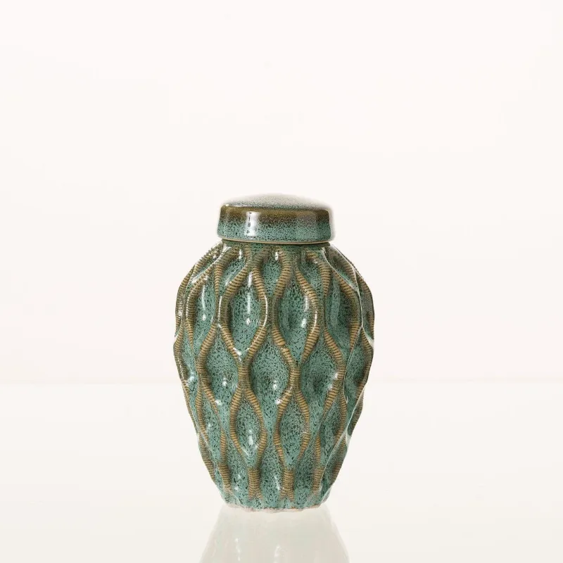 Pulvis Art Urns Cremation Urn Echo 3D Printed Ceramic Urn in Oily Green Melange, keepsake size with sculptural form