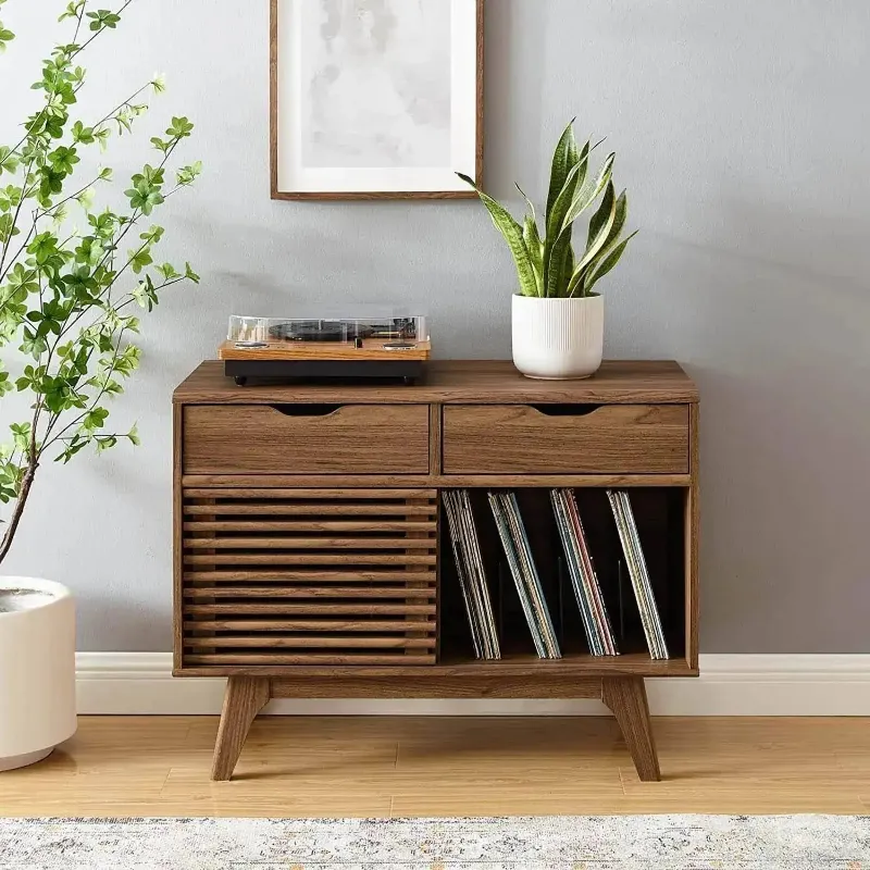 Retrolife Mid-Century Wooden 36.5 inch Vinyl Record Cabinet with Drawers, cabinet with sliding slat doors