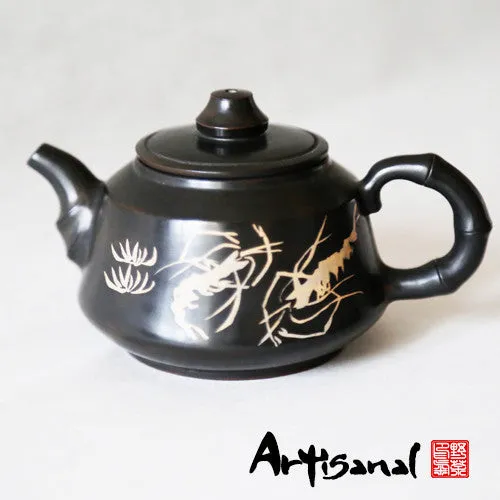 Wild Tea Qi Shrimp's Garden Jian Shui Pottery Teapot with decorative motif