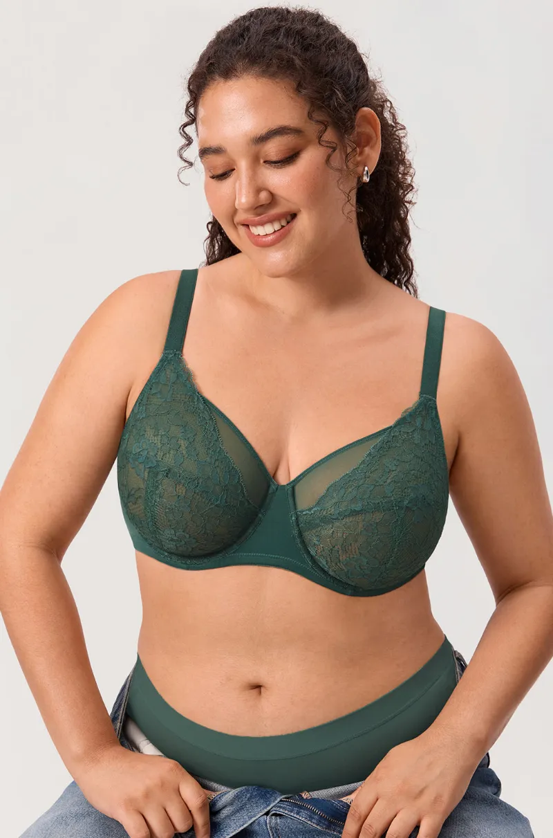Essenther Global Full Coverage Sheer Mesh Lace Bra with floral lace and adjustable straps