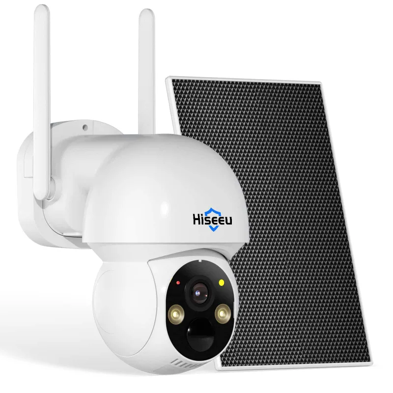 Hiseeu 4MP 2.4G WiFi Wireless Solar PTZ 360° View Battery Camera, white outdoor camera with solar panel