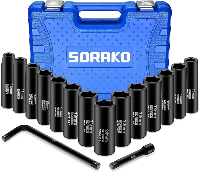 HYCHIKA SORAKO 16-Piece 1/2 inch Drive Metric Deep Impact Socket Set with extension bar, L handle and storage case
