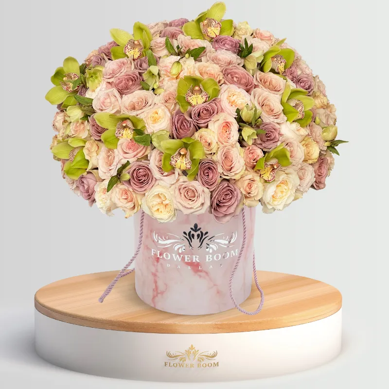 Flower Boom Dallas Orchid And Rose Garden luxury arrangement with 75 roses and green cymbidium orchids