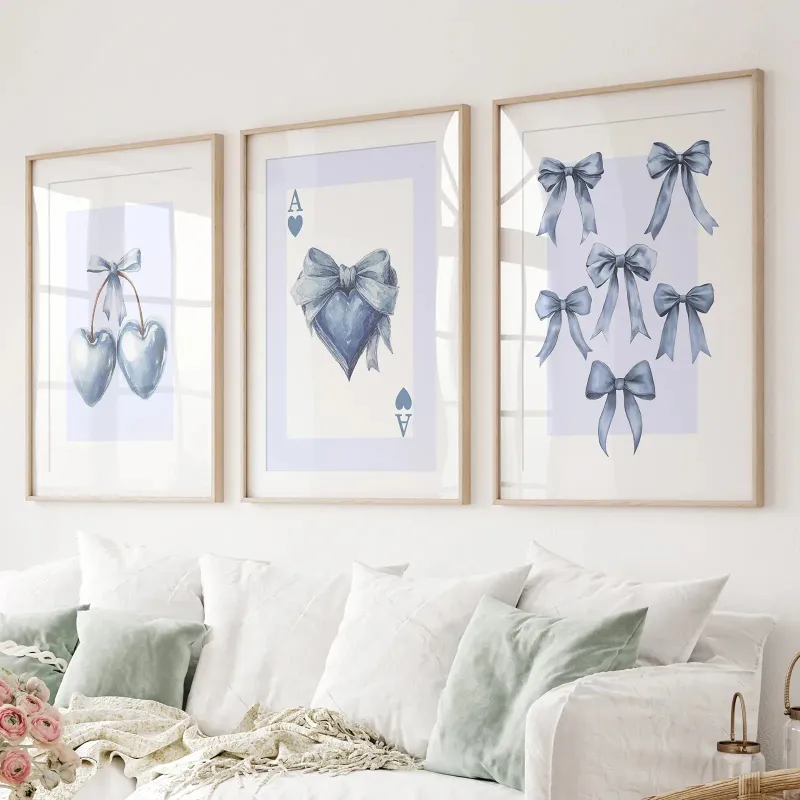 Wall Art Set Blue Coquette Bows Wall Art Set of 3 Prints showing ribbon bows, hearts, and Ace card designs