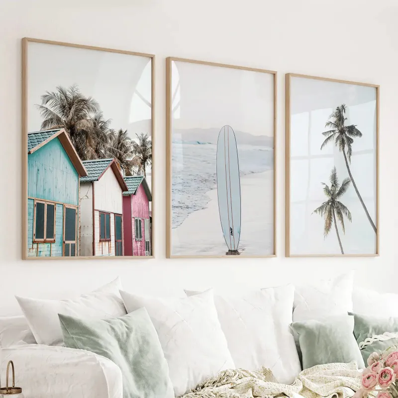 Wall Art Set Coastal Beach Set of 3 with surfboard palm trees and colorful beach huts