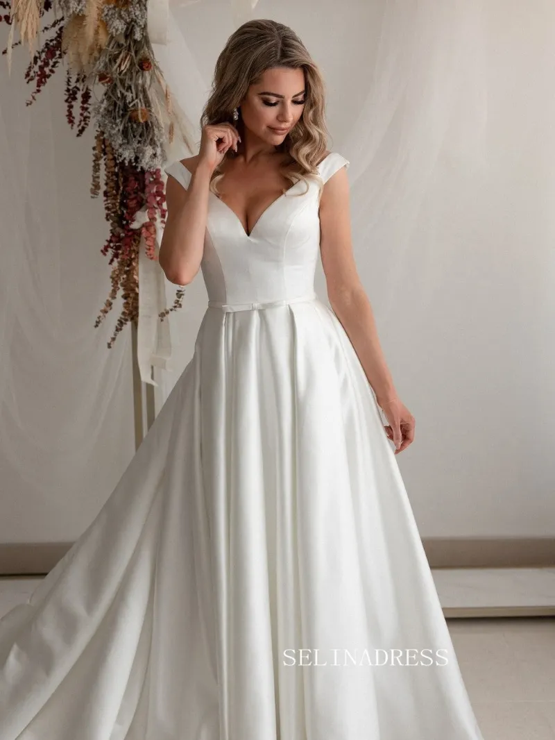 Selinadress A-line Deep V neck Satin Wedding Dresses Cheap Wedding Gown Bridal Dress, white satin gown with bow