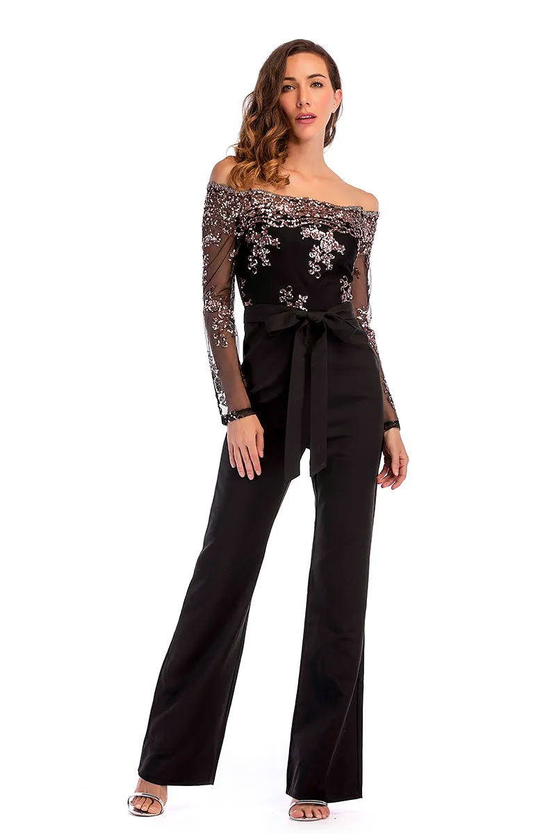Mislish Black Off-the shoulder Sequined Empire Jumpsuit With Belt, black sequined jumpsuit with off-shoulder neckline and wide legs