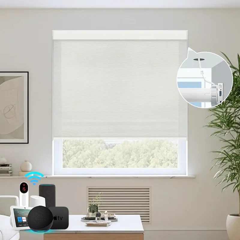 Bringnox Hardwired Motorized Light Filtering Roller Shades 70% Blackout Treebark window shade with textured fabric