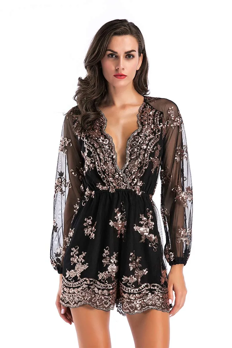 Mislish Black Sequined V-neck Romper With Long Sleeves, front view showing sequins and deep V-neckline