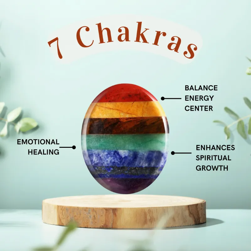 Turix 7 Chakra Worry Stone showing a smooth oval gemstone with seven chakra colors and thumb groove