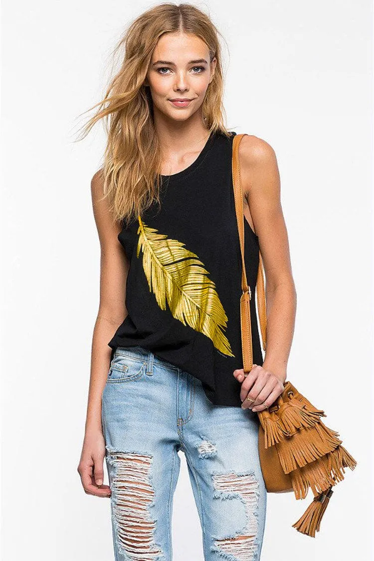 Mislish Black Leafy Print Tank Top displayed flat