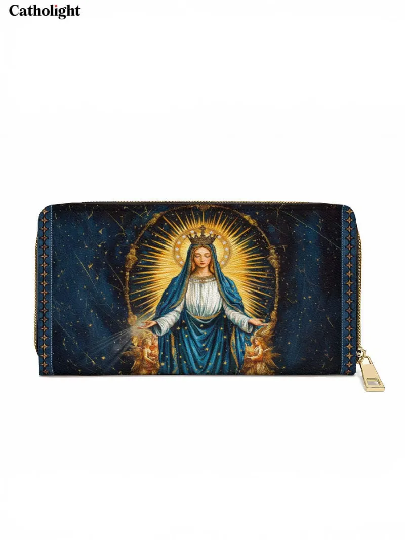 Catholight Celestial Devotion Leather Wallet Purse with Mary radiating divine light in blue and gold