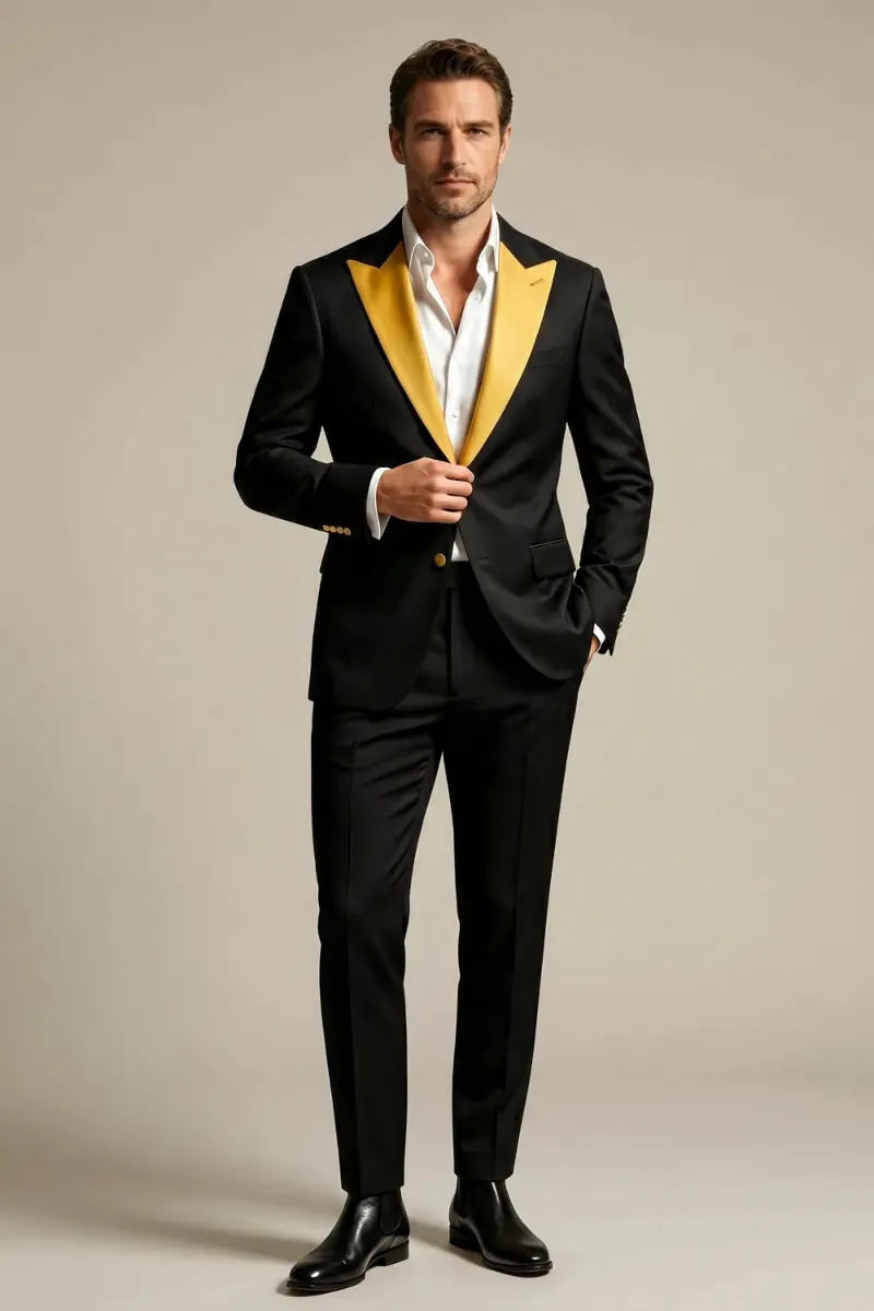 Wehilion Men's Black And Gold Peak Lapel 2-Piece Tuxedo Suit with gold satin lapels and trousers