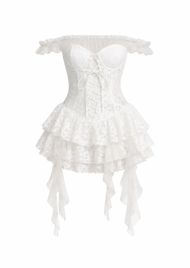 Cottagecore Clothes Angelcore Corset Ruffle Lace Dress in white with tiered ruffles and corset waist