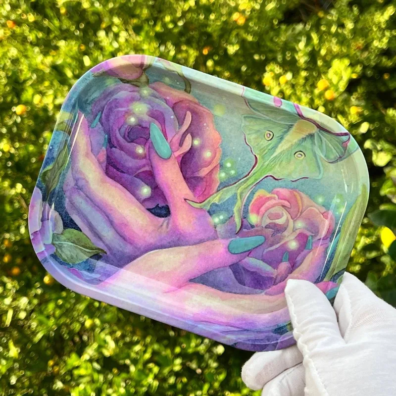 High Dreams Tray Roses in Hands, small metal rolling tray with roses and butterfly design