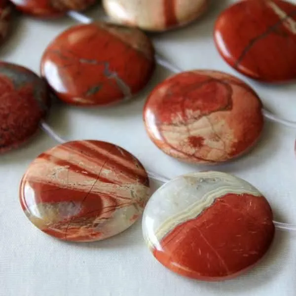 Cherry Tree Beads Cappuccino Jasper 30mm Top Drilled Coin strand in warm brown and cream tones