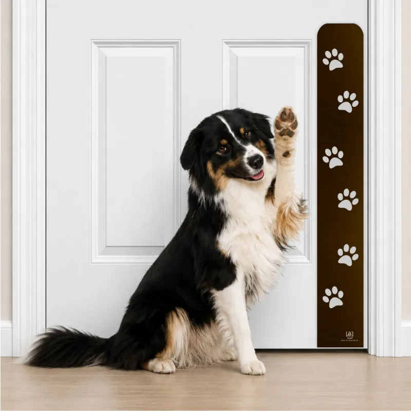 Deck the Door Decor Paw Print Engraved Dog Scratch Protection Plate with pet paw design on metal surface