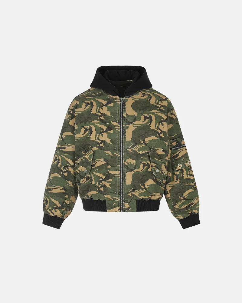 INFLATION Camo Hooded Bomber Jacket in woodland camouflage with black hood and metal hardware details