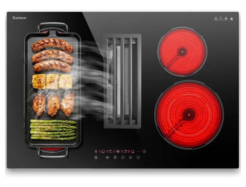 Karinear 36" 4 Burner Downdraft Electric Cooktop with Vent 7400W, stainless steel cooktop embedded in countertop with downdraft vent