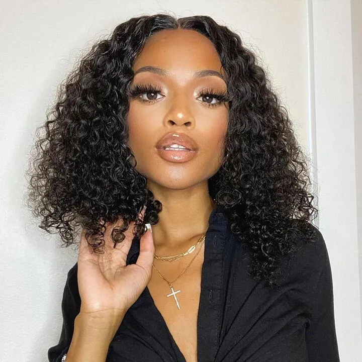 Megalook Thin V Part Wig Curly Bob, glueless wig without leave out shown on model