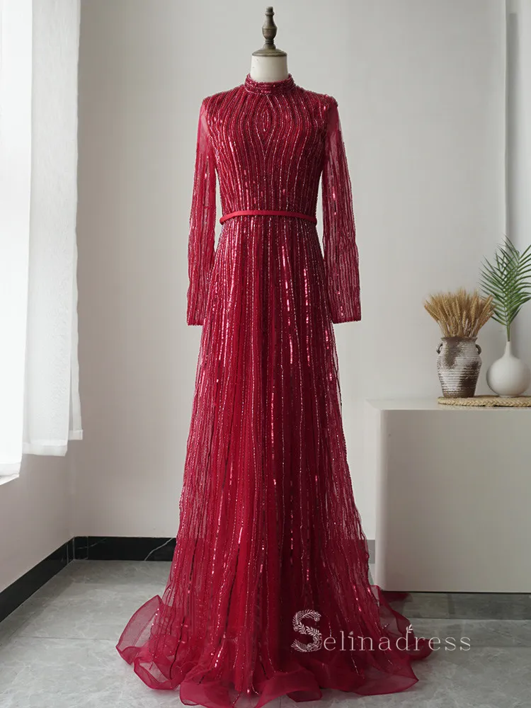 Selinadress A-line High Neck Long Sleeve Beaded Long Prom Dress luxurious Burgundy Evening Gowns ASB005 formal gown with high neckline