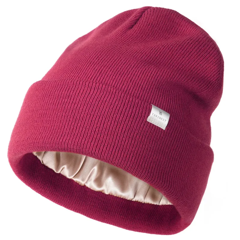 Yanibest hot pink butter satin lined knit beanie showing satin lining