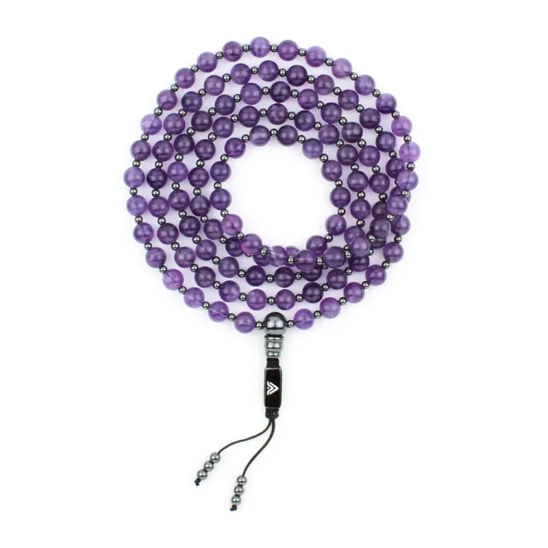 VOLTLIN Amethyst Mala showing amethyst beads on a black nylon cord with stainless steel logo bead