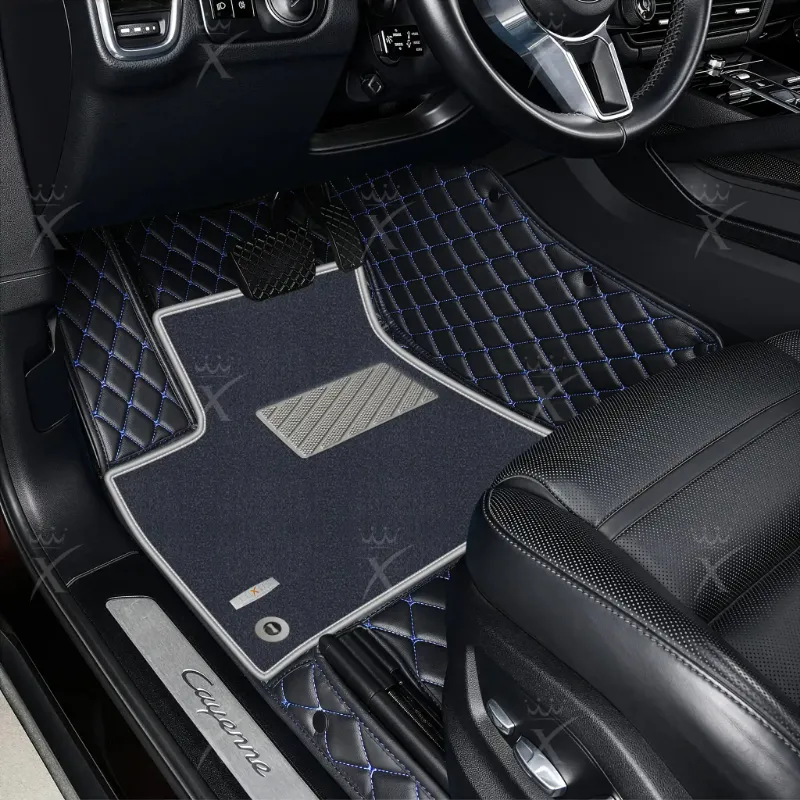 Luxus Car Mats double layer floor mat, black base, blue stitching, gray top carpet