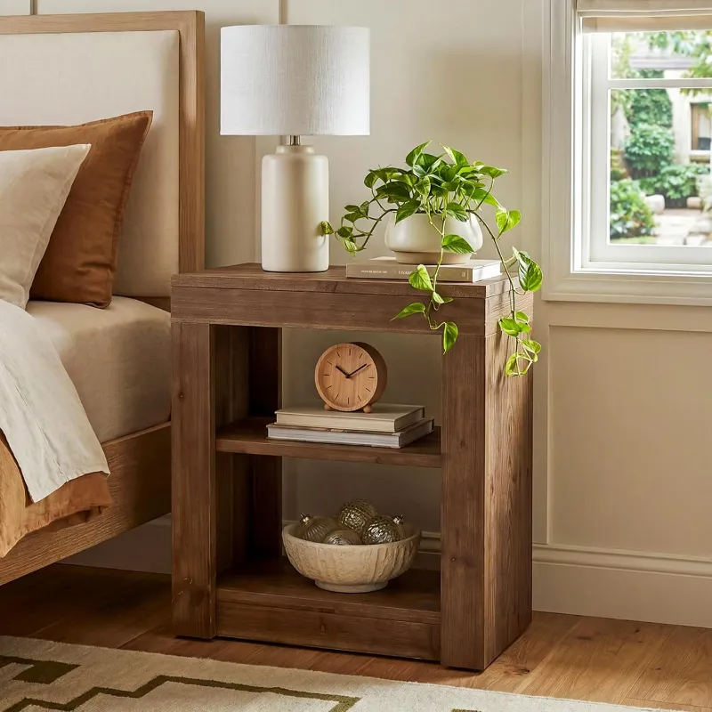 Tribesigns solid wood nightstand with two open shelves in rustic brown finish