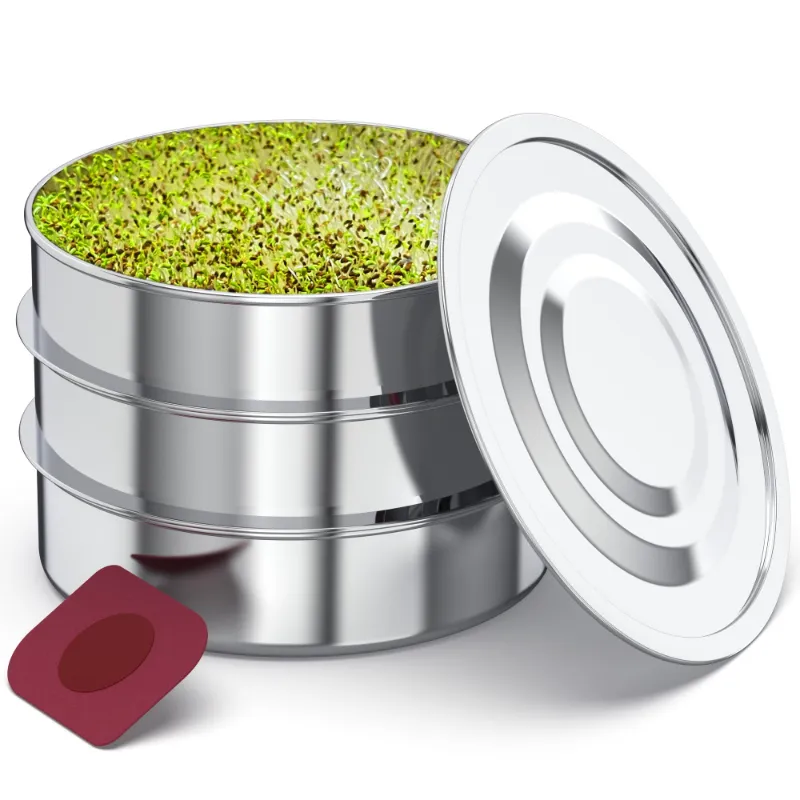 ZestiGreens Stainless Steel Seed Sprouter Kit with stackable 3-tier trays on a kitchen counter